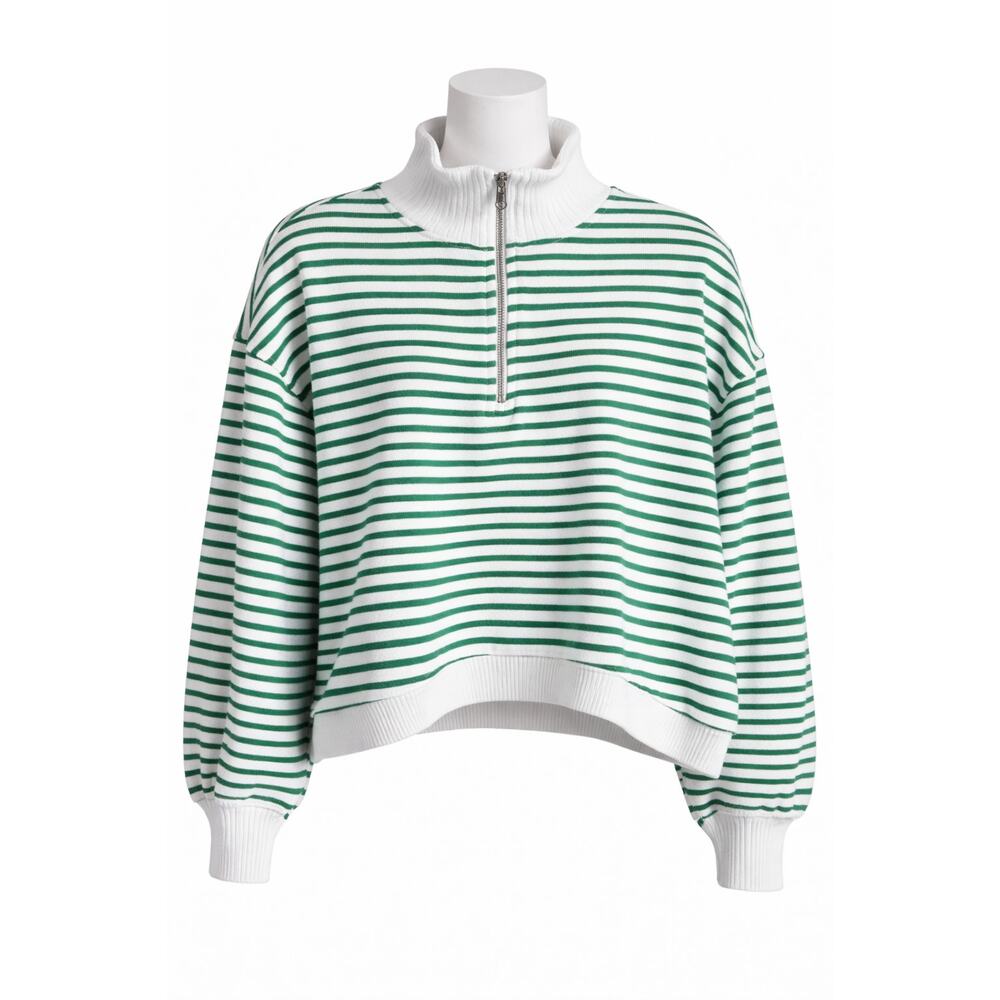 C&C California Womens Sweatshirt Size L Striped Cropped 1/4 Zip White Green